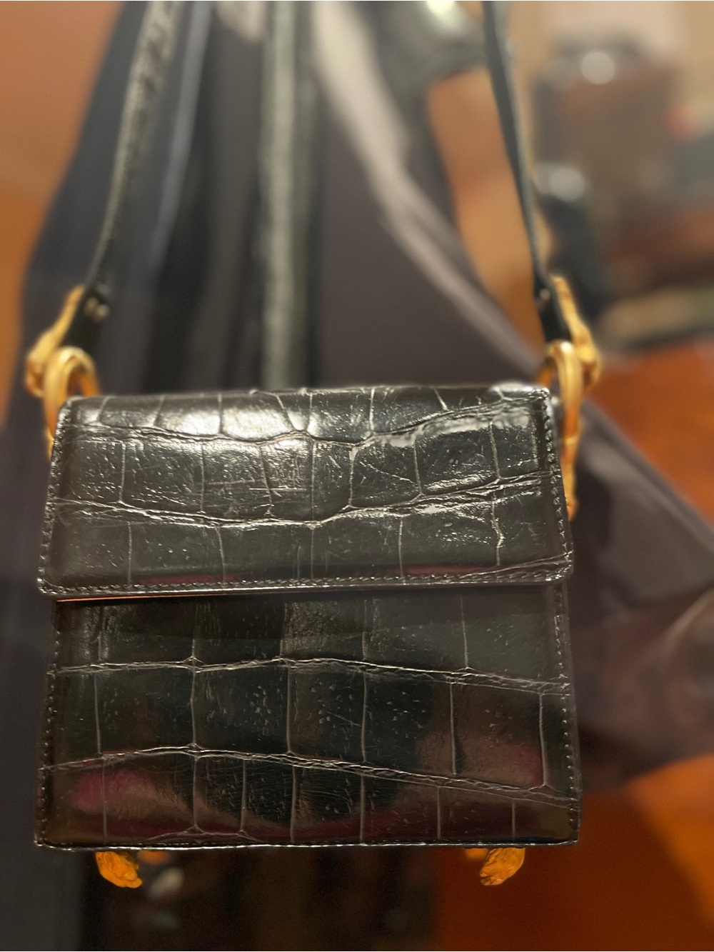 Gianfranco Ferre Black Croc-Embossed Crossbody with Gold Hardware